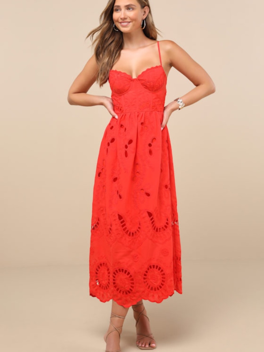 Lulus Jenora Bright Red Embroidered Bustier Midi Dress - Size L